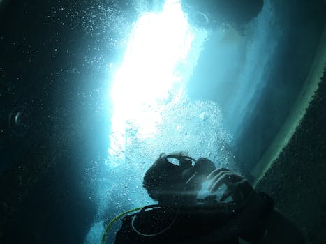 A scuba diver exploring underwater with sunlight streaming through the water above.